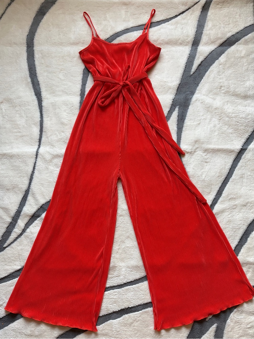 Red Wide-Leg Jumpsuit with Self-Tie Waist